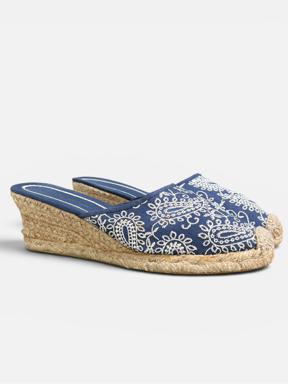 Montego Bay Club Denim and Embroidery Closed Toe Mules Low Wedge Size 8 1/2